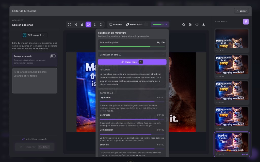 Editor de KiThumbs con validación IA de miniatura y puntuación global